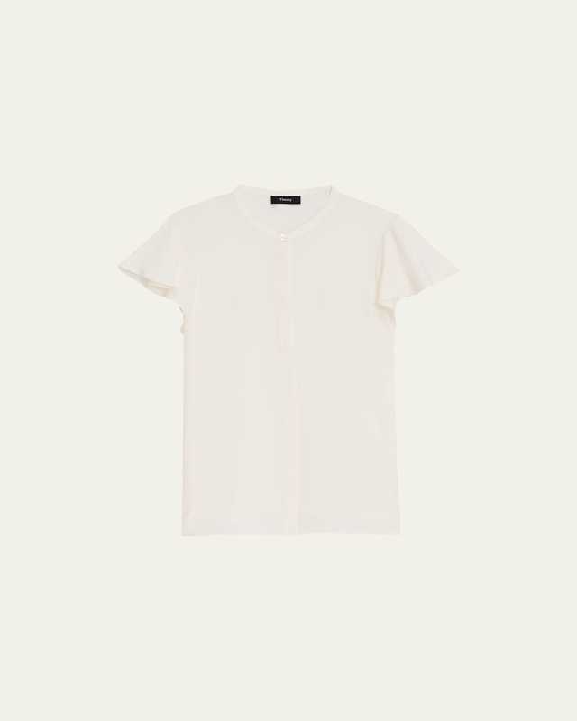Ruffle-Sleeve Silk Button-Front Top